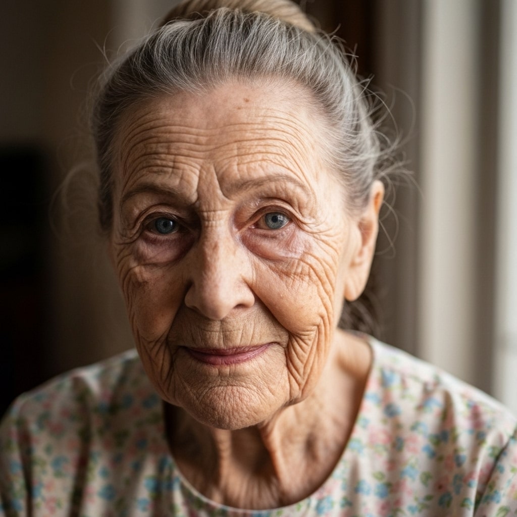 A photorealistic portrait of an elderly person with detailed wrinkles and expressive eyes.
