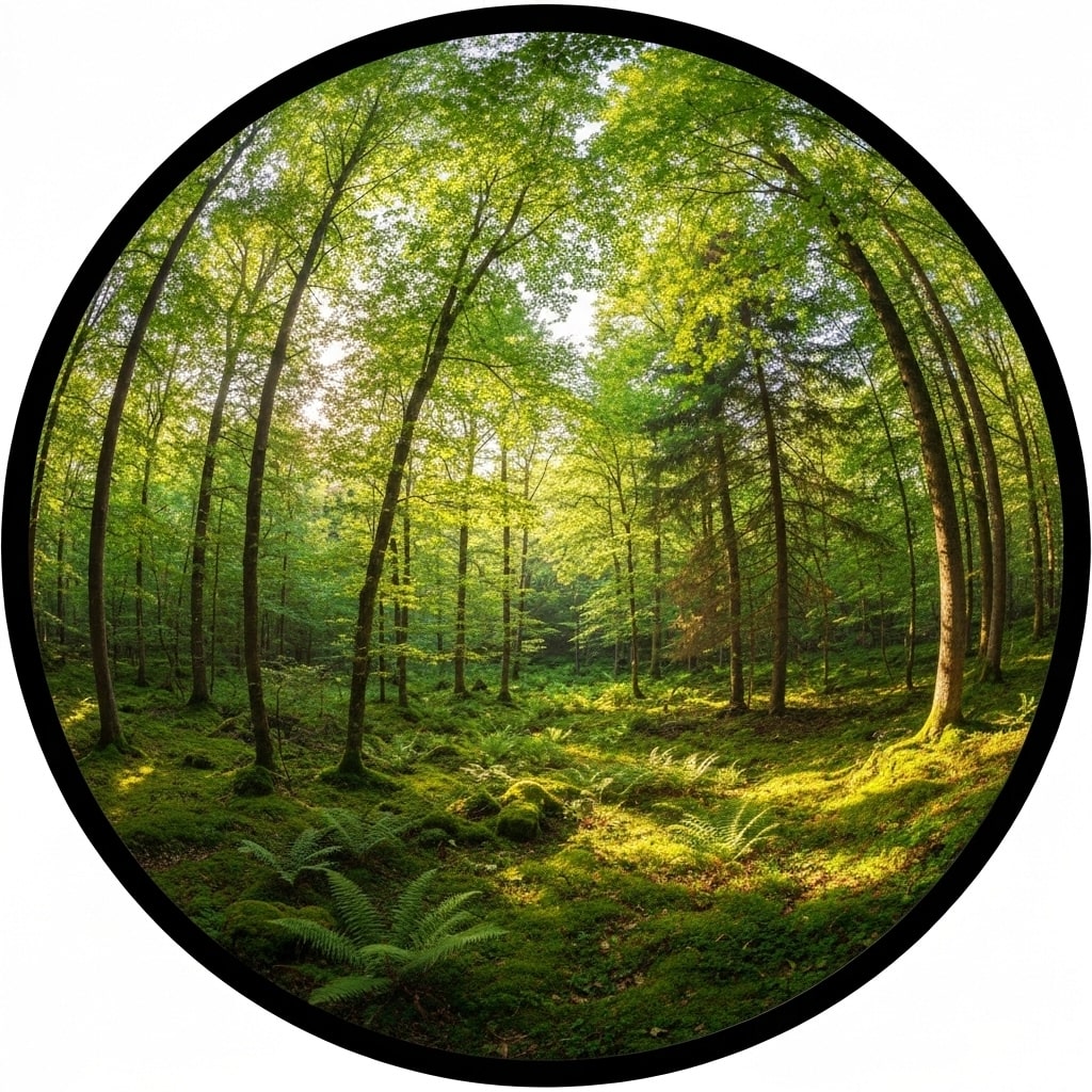 A hyper-detailed, photorealistic image of a lush, green forest with sunlight filtering through the canopy.