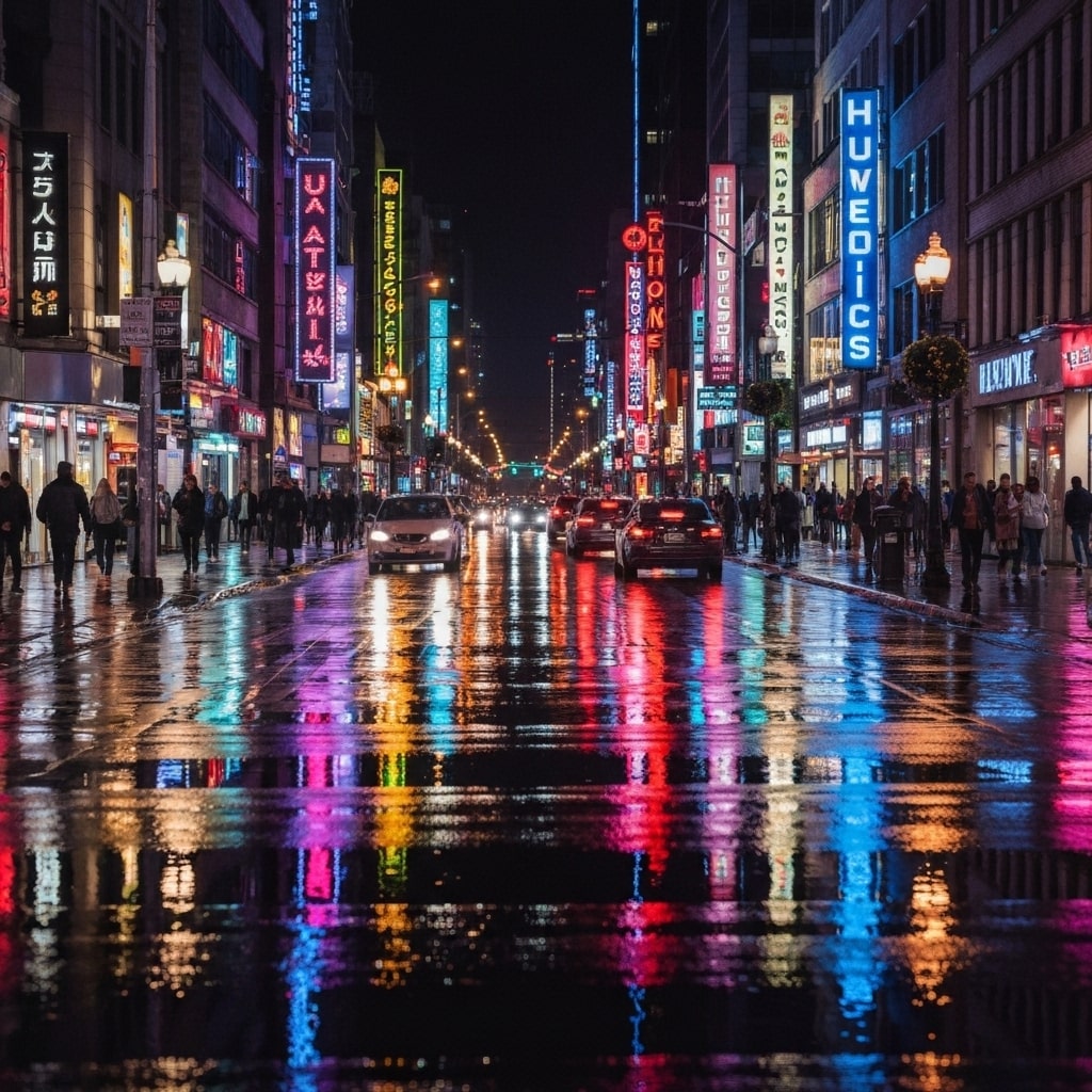 A photorealistic depiction of a bustling city street at night, with reflections on wet pavement.