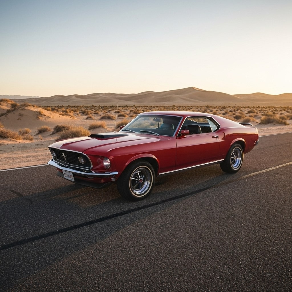 A photorealistic image of a classic muscle car parked on a desert road at sunset.